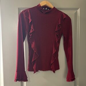 Moon River Red Ruffled Mandarin Collar Sweater